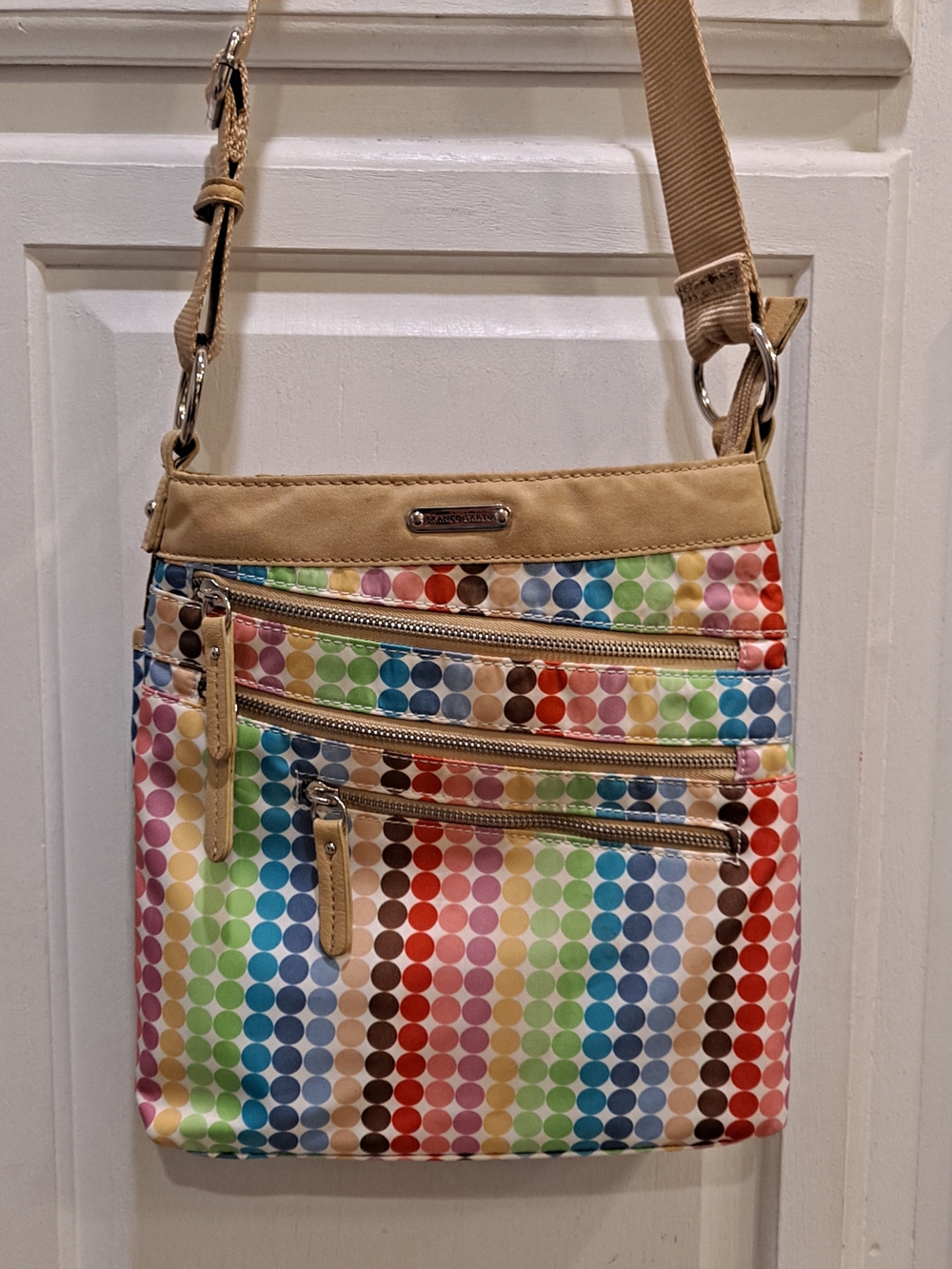 Franco Sarto Vibrant Multicolor Polka Dot Hipster Crossbody with Tan Trim